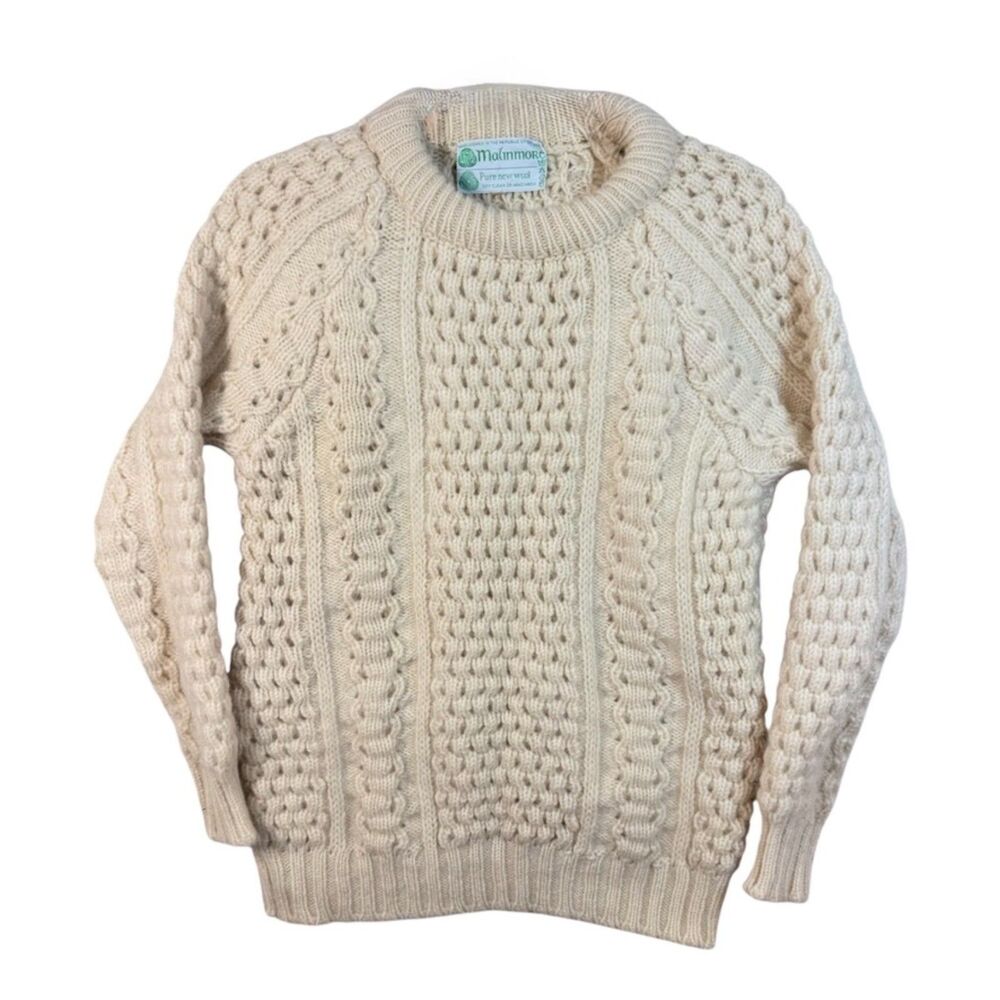 Malinmore Handloomed Irish Aran Sweater Mens M Cream Pure Wool Republic Ireland